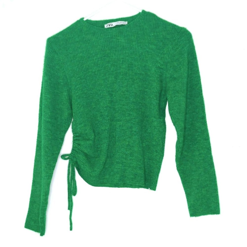 Zara Kelly Green Knit Ribbed Sweater Drawstring Ruched Side Womens Large